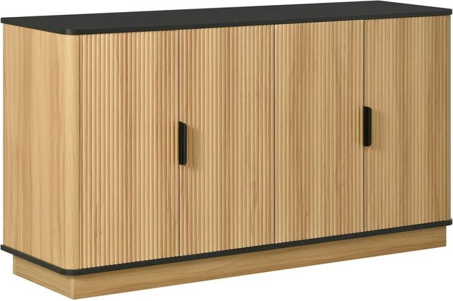Merax Sideboard in Holzoptik mit 4 Türen und Riffelung, Braun, Modernes Design für Wohnzimmer und Esszimmer, B/T/H: 140 x 38,3 x 75 cm - Bild 1