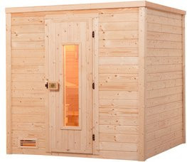 WEKA Massivholzsauna Bergen 2 für 6 Personen in Braun inklusive 5,4 kW Ofen mit integrierter Steuerung und Sparset mit Kompakt Holztür - Bild 1