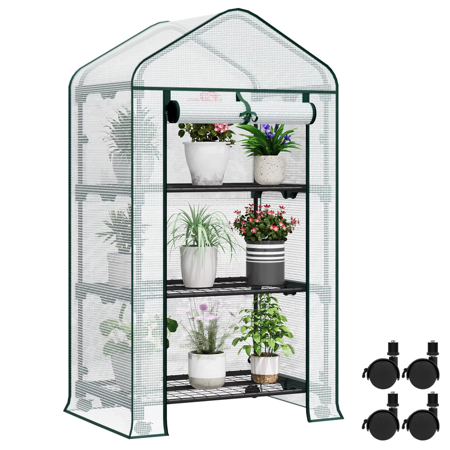 WOLTU Garten-Gewächshaus in Grün mit 3 Regalen, Rollen und Aufrolltür als Winterschutz für Blumen und Gemüse, B/T/H: 131 x 70 x 3 cm - Bild 2