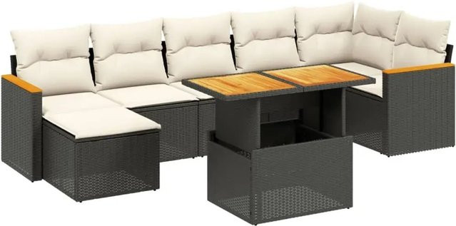 vidaXL 8-teilige Garten-Sofagarnitur in L-Form aus Polyrattan und Akazienholz mit Kissen in Schwarz - Bild 1