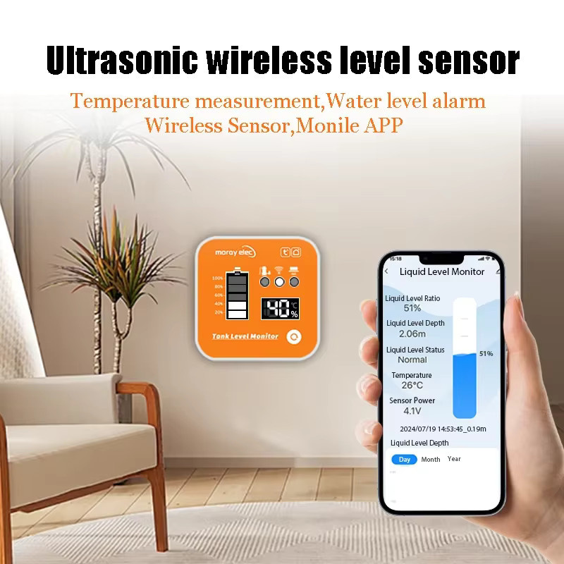 Mumubiz Ultraschall-Flüssigkeitsstandsensor mit Tuya Smart App und LED-Anzeige, IP68 wasserdicht, Orange - Bild 3