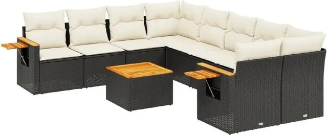 vidaXL 9-tlg Garten-Sofagarnitur in L-Form aus Poly-Rattan und Akazienholz mit Kissen in Schwarz-Creme - Bild 1