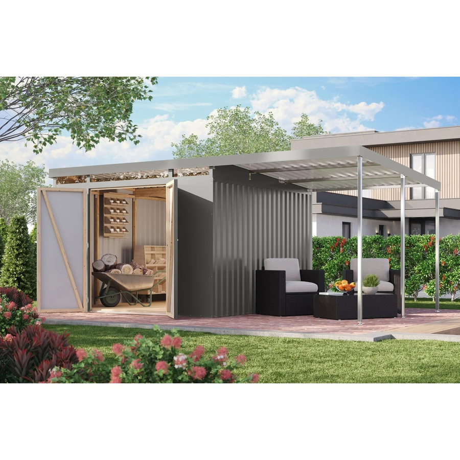 Karibu Metallgerätehaus Neos 3,5 mit Anbaudach und Oberlicht in Graualuminium - Bild 2