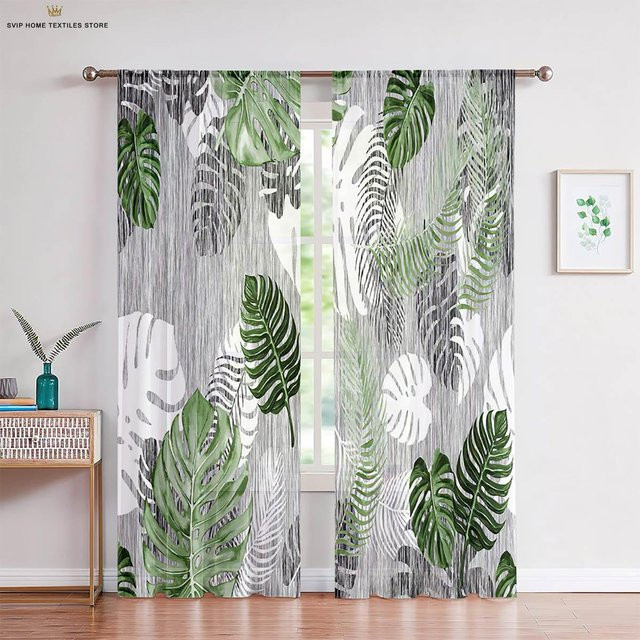 2er-Set Dekorative Vorhänge mit tropischem Blätter-Print in Gold und Grün, halbtransparent, mit Ösen, Breite: 50 cm, Höhe: 130 cm - Bild 1