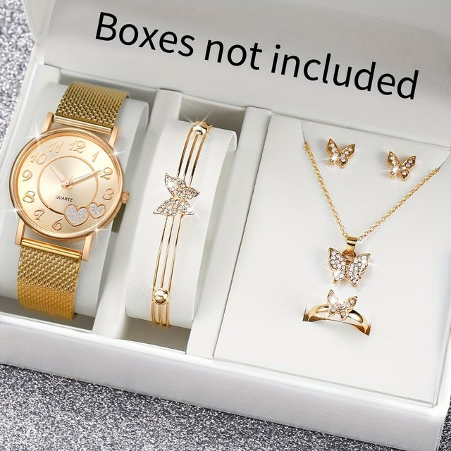 Schmuckset Damenuhr, Gold, Quarz, Kunststoffband, Kristall, Schmetterling - Bild 1
