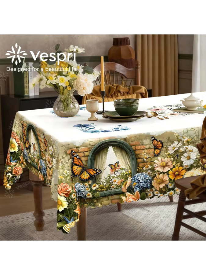 Vespri Frühlings- und Oster-Tischdecke mit Blumenmuster und Schmetterlingen in Weiß und Gelb für deine Party - Bild 4