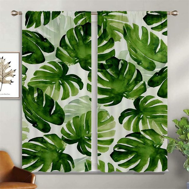 Dekorative Vorhangpaneele mit grünem Regenwald-Blattmuster, 2er-Set, semi-transparent, Farbe: Grün, Breite: 50 cm, Höhe: 130 cm - Bild 1