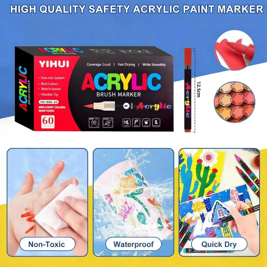 Acrylfarbmarker Set mit 60 Farben und Pinselspitze für DIY-Handwerk auf Stein, Holz, Glas und Keramik, Mehrfarbig - Bild 5