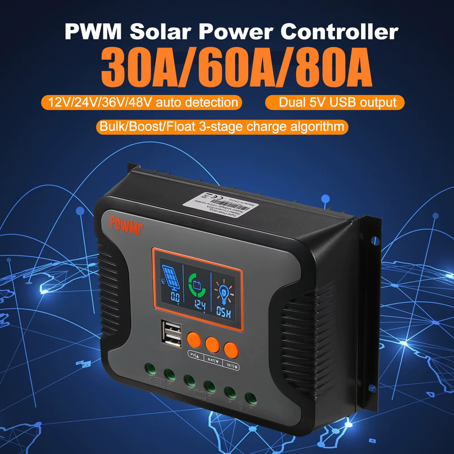 PowMr Pstar Serie PWM Solar-Laderegler in Schwarz für 12/24/36/48V Systeme mit PV-Max-Eingang 100V und 3-Stufen-Ladung für LiFePO4, Gel- und Blei-Säure-Batterien - Bild 2