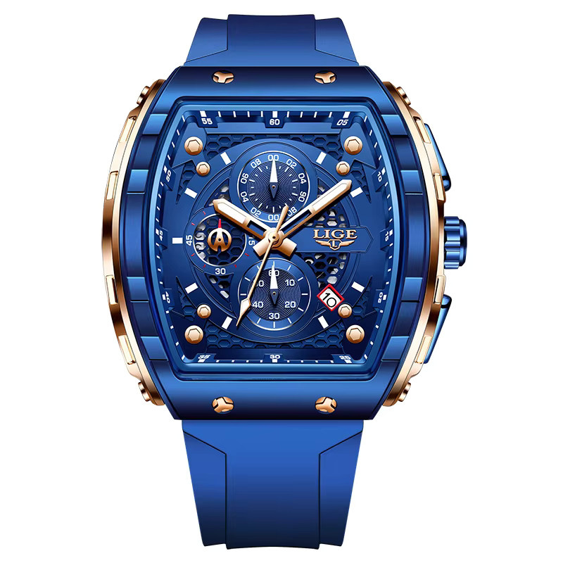 LIGE Chronograph Armbanduhr, Quarz, eckig, Silikon, Blau, Herren - Bild 5