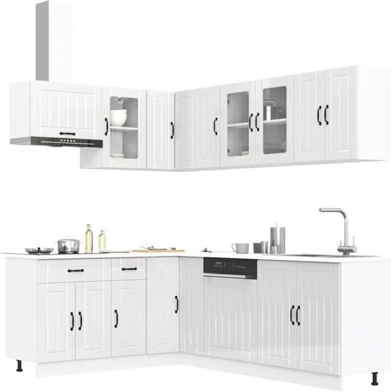 Vidaxl Küchenschrank-Set Lucca Winkelküche in Weiß mit Hochglanz-Optik aus Holzwerkstoff und Glas - Bild 1