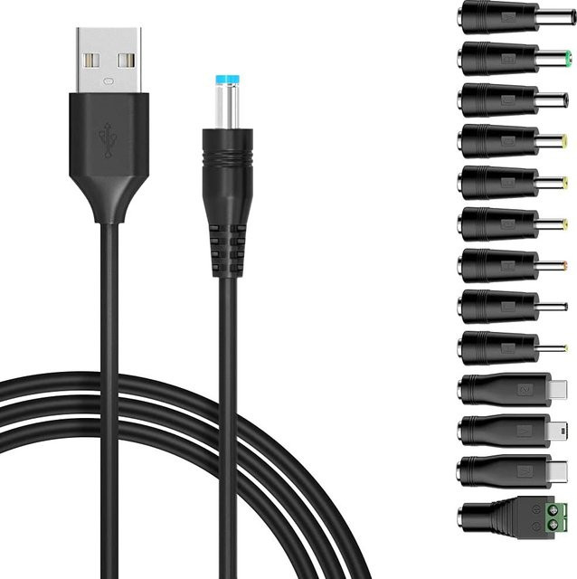 Universelles USB-C-Ladekabel mit 5,5 x 2,1 mm DC-Buchse und 13 DC-Steckeradaptern, 1,5 m Länge, Schwarz - Bild 1