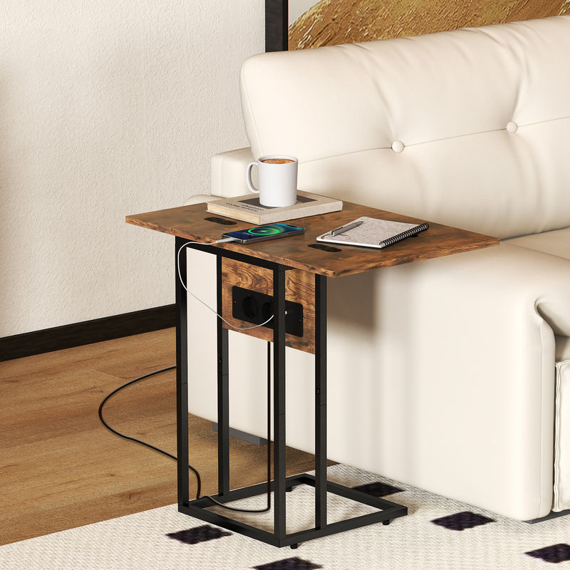 HOMCOM Beistelltisch C-förmig in Rustikal Braun mit Steckdosenleiste, klappbarer Couchtisch mit Metallbeinen für Wohnzimmer und Schlafzimmer, B/T/H: 39 x 29 x 57 cm - Bild 2
