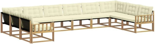 vidaXL Outdoor-Sofagarnitur aus massivem Akazienholz in U-Form, 10-teiliges Set mit Textilene-Bezug und Kissen, Weiß und Beige - Bild 1