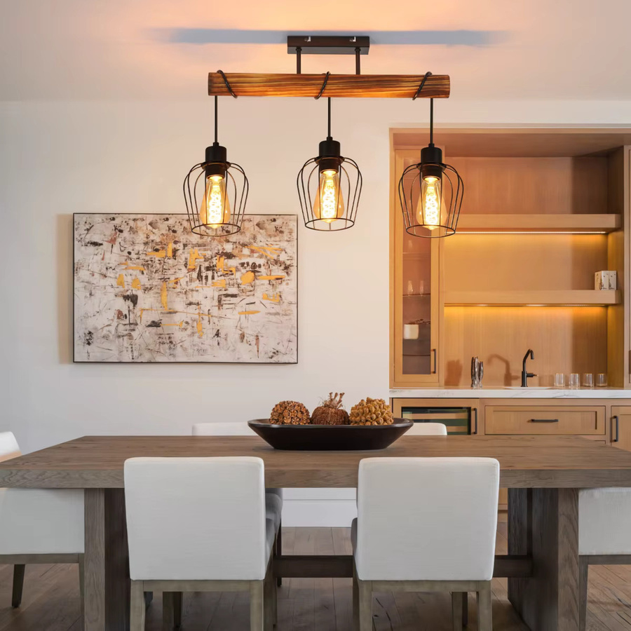 Retro Industrielle Pendelleuchte in Schwarz aus Holz und Metall mit E27 Fassung als Vintage Deckenlampe mit Käfigschirm - Bild 3