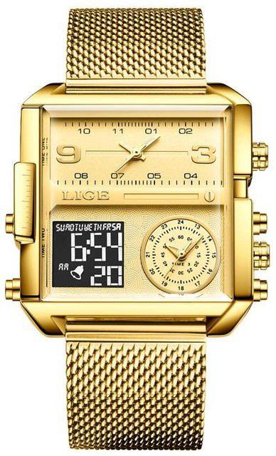 LIGE Armbanduhr, Quarz, Analog-Digital, Eckig, Leder, Schwarz/Gold, Herren - Bild 1