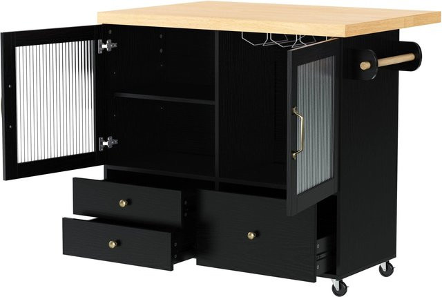 okwish Kücheninsel mit Rollen und ausziehbarem Esstisch in Schwarz, skandinavisches Design mit Weinglashalter, B/T/H: 100 x 42 x 70-91 cm - Bild 1