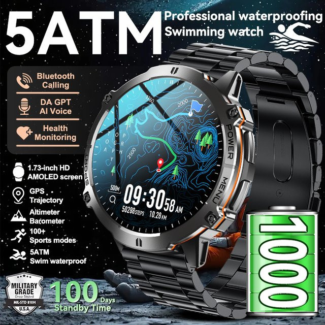 GUHUAVMI Smartwatch, Schwarz, Herren, 5 ATM, GPS, Bluetooth - Bild 1