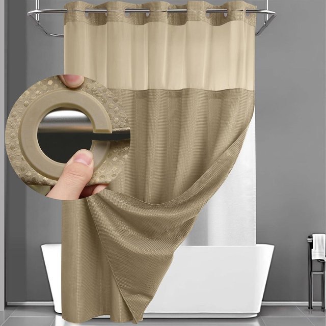 Hakenloses Duschvorhang-Set von AprSi in Weiß und Hellbraun mit Liner, B/H: 183 x 190 cm - Bild 1