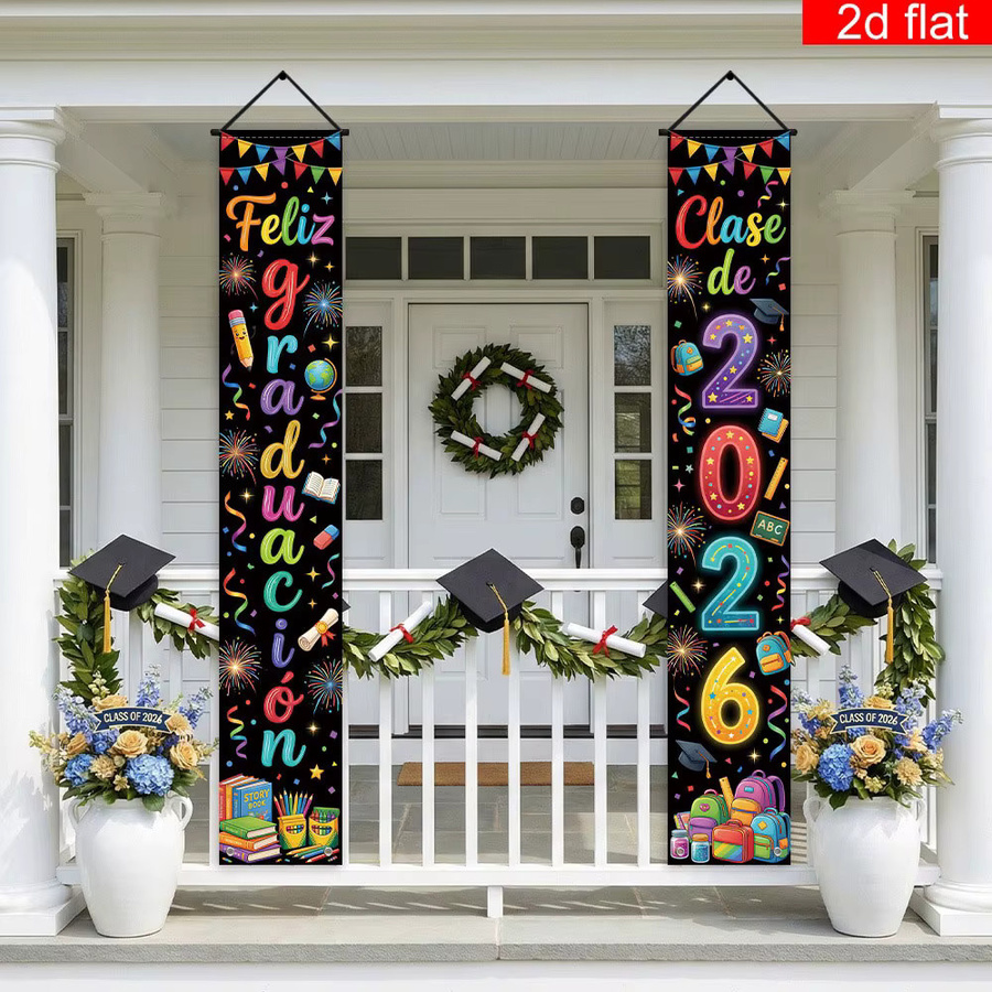 AFYPRTY Abschlussbanner Feliz Graduacion Klasse der 2026 in Schwarz im Neon-Stil aus Polyestergewebe zur Dekoration deiner Abschlussfeier - Bild 6