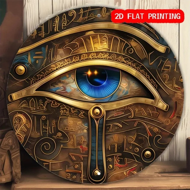 Potdemiel Metallschild mit ägyptischen Hieroglyphen in Gold und Blau, Vintage Wandkunst zur Dekoration - Bild 1