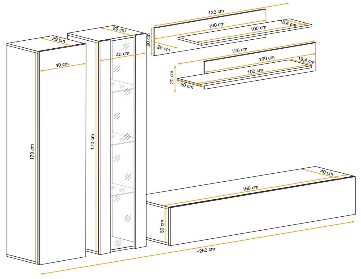 Wohnwand Option 5-teilig in Kaschmir Beige mit LED und Glaselementen, Breite: 260 cm - Bild 6