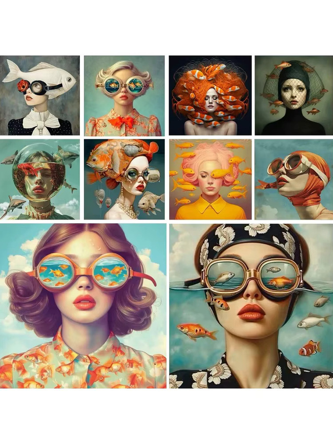 Potdemiel Surrealismus Wandkunst Leinwand Poster mit Frauenporträt und Fisch in Mehrfarbig - Bild 2