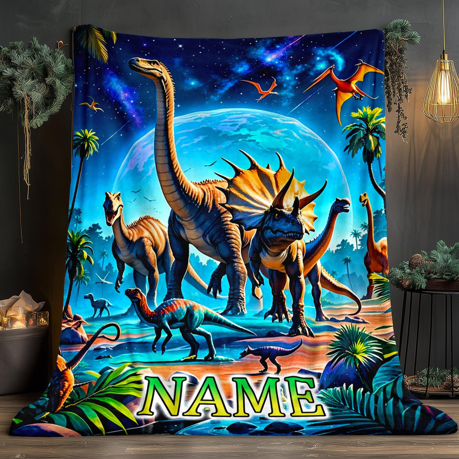 Personalisierte Dinosaurier-Decke mit Namen aus weichem Coral Fleece und Plüsch für Kinder, B/B: 70 x 100 cm - Bild 3
