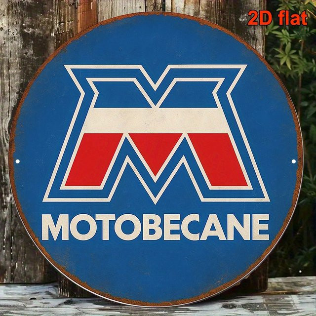 Motobecane Vintage Motorrad Metallschild von Potdemiel in Rot, Blau, Weiß und Schwarz als Retro-Garage-Dekor, Durchmesser: 20 cm - Bild 1