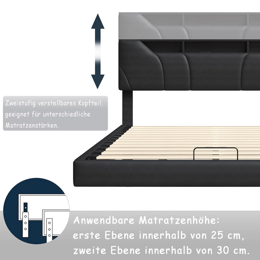 Anajqaqia Polsterbett mit verstellbarem Kopfteil und hydraulischem Stauraum in Schwarz, B/T: 140 x 200 cm - Bild 5