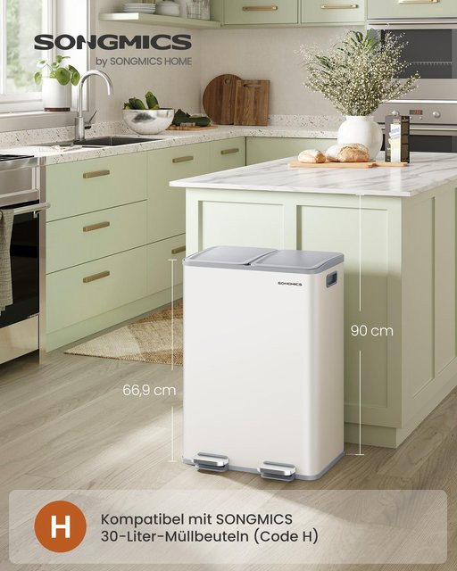 SONGMICS Küchenmülleimer aus Stahl mit zwei Kammern, 2 x 30 l, Weiß, Zwei-Kammer-Tretmülleimer mit Soft-Close-Deckel und herausnehmbaren Inneneimern - Bild 1