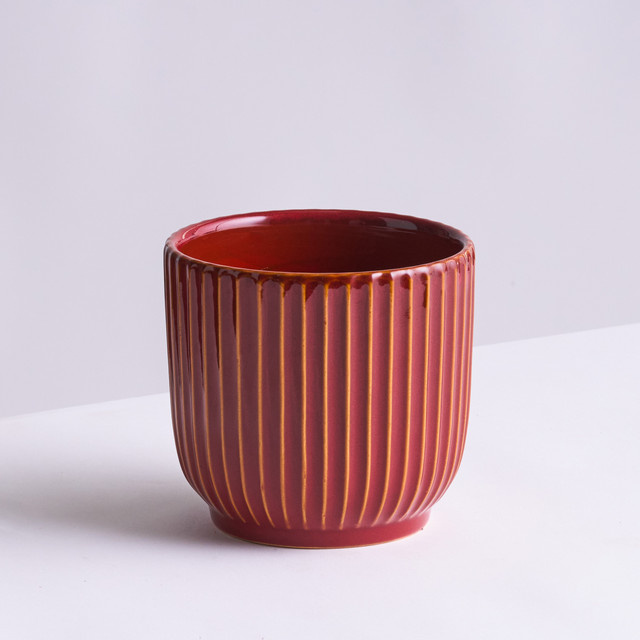 Keramik Übertopf BLUME2000 modern in Rot mit vertikalen Rillen, Höhe: 12,0 cm, Breite: 12,0 cm, Tiefe: 11,0 cm - Bild 1