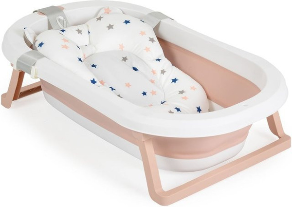 Moni Babybadewanne Palma faltbar in Rosa mit Badekissen, Schwamm und Ablaufloch, 3-teiliges Set