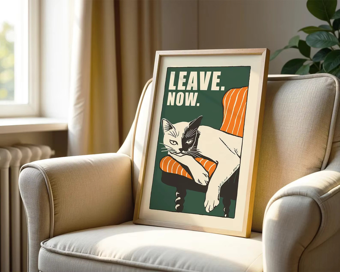 Retro-Poster mit weißer Katze von SHENCHEN, mehrfarbiger Wandkunstdruck im rechteckigen Design auf Papier - Bild 3
