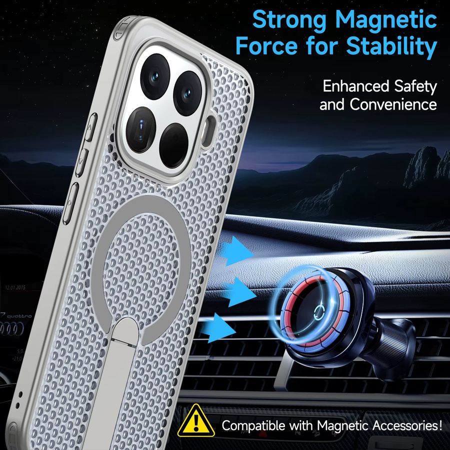 Magnetische und atmungsaktive Kühlhülle für Xiaomi 17 Pro Max, 15T, 14T, POCO F7 und X7 Ultra Pro 5G mit klappbarem Ständer und Fallschutz in Grau - Bild 1