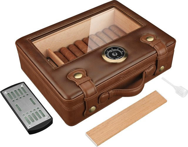 XIFEI Reise-Humidor aus Zedernholz in Braun mit Glasdeckel, Hygrometer und Befeuchter für bis zu 50 Zigarren - Bild 1