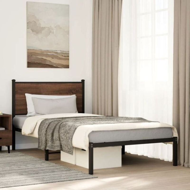 Vidaxl Metallbett in Braun mit Eichen-Optik, B/T/H: 100 x 200 x 91,5 cm - Bild 1