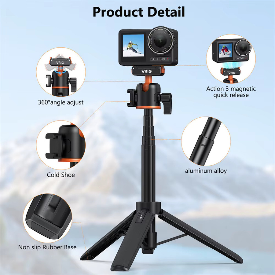 VRIG Magnetisches Stativ für DJI Osmo Action 5 4 3 in Schwarz mit 360-Grad-Kugelkopf und ColdShoe als verstellbarer Selfie-Stick-Ständer - Bild 2