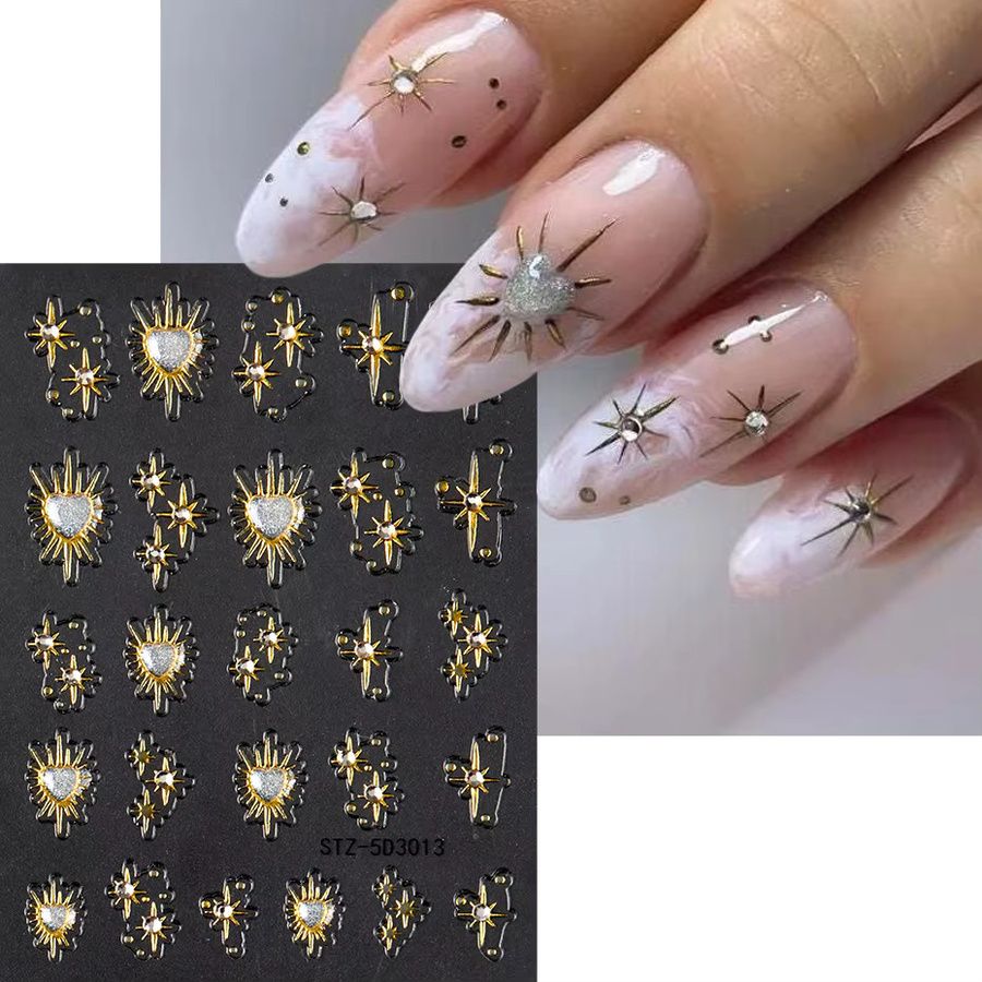 Full Beauty Nail Art Aufkleber, 2 Stück, Gold, Herz und Stern mit Strasssteinen - Bild 2