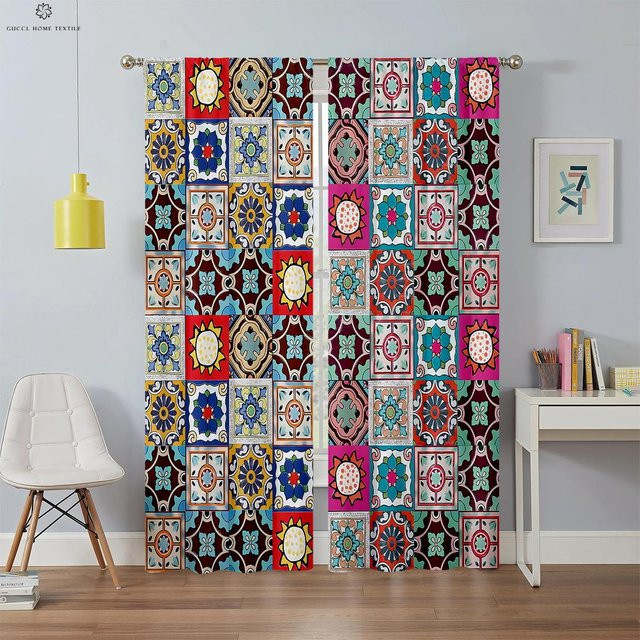 Bohemian Fenstergardinen mit buntem Muster, 2er-Set halbtransparente Vorhänge mit Stangentasche, Multicolor, Breite: 50 cm, Höhe: 160 cm - Bild 1