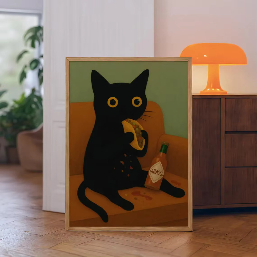 Verspielte Taco-Katzen Wandkunst von SHENCHEN in Orange und Grün auf Papier - Bild 2