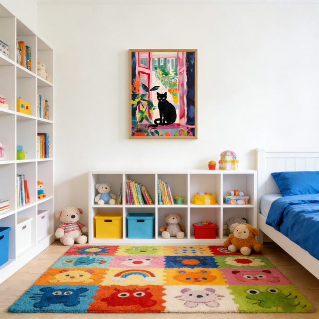 Modernes Poster Katze im offenen Fenster im Stil von Henri Matisse, buntes Fauvismus Gemälde mit schwarzer Katze und floralen Elementen, Mehrfarbig - Bild 1