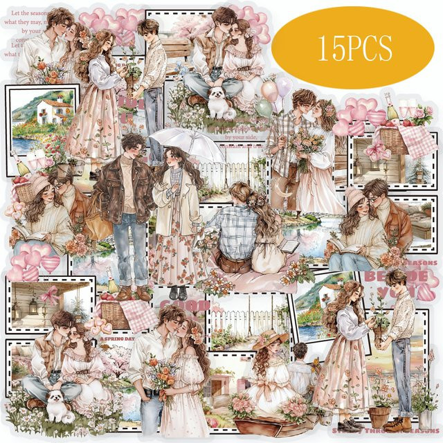 Etori Life 15 Stück florale Love-Song-Collage-Aufkleber in Multicolour zum Dekorieren von Tagebüchern, Laptops und Handys - Bild 1