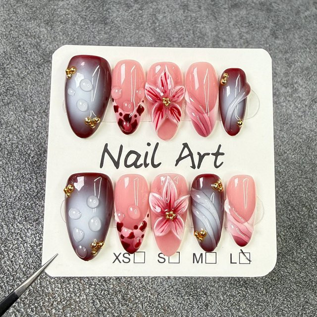 Qsezeny Künstliche Nägel, Mandelform, Leopardenmuster, 3D-Blume, Glänzend, Damen - Bild 1