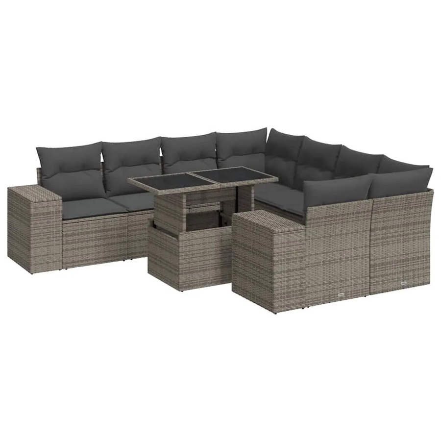 vidaXL 9-tlg. Garten-Sofagarnitur in L-Form aus grauem Poly-Rattan mit Kissen und pulverbeschichtetem Stahlgestell - Bild 2