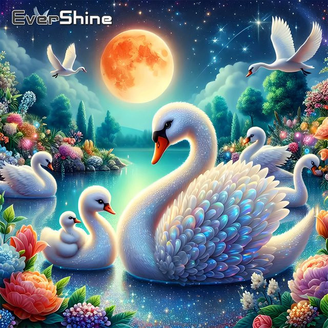EverShine Diamant-Stickerei Schwanenbild mit Mond und Blumen als Strass-Mosaik für Anfänger zur Heimdekoration - Bild 1