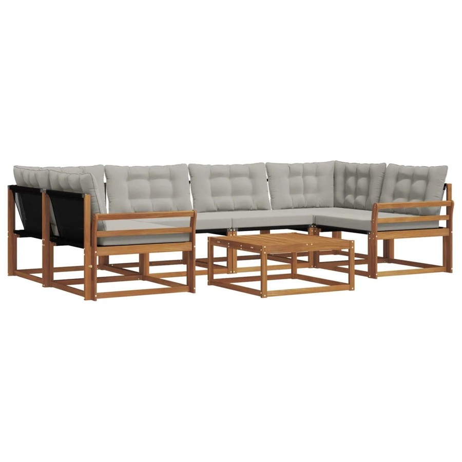 vidaXL Outdoor-Sofagarnitur 7-teilig aus Akazienholz und Textilene in Natur und Hellgrau mit L-Form und Kissen - Bild 2