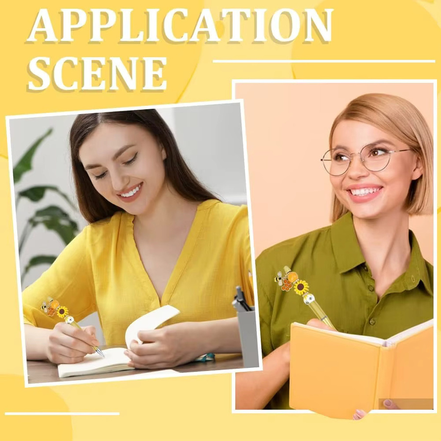 6-teiliges DIY-Perlen-Kugelschreiber-Set mit Sonnenblumen-Motiv und Holzperlen sowie Bienen- und Schmetterlings-Anhängern in Multicolour - Bild 2