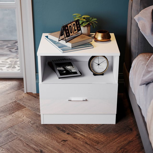 SONNI LED Nachttisch mit Schublade in Weiß Hochglanz, moderne Kommode für das Schlafzimmer, B/T/H: 45 x 35 x 46,5 cm - Bild 1