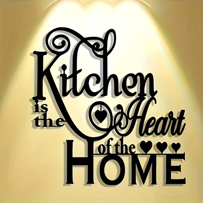 DDPNKL Retro-Wandkunst aus Metall Kitchen is the Heart of Home in Schwarz mit Herz-Design und Typografie - Bild 3